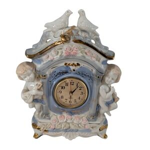 Vintage Porcelain Cherub Mantel Clock Doves Roses Gold Trim Quartz Blue White
